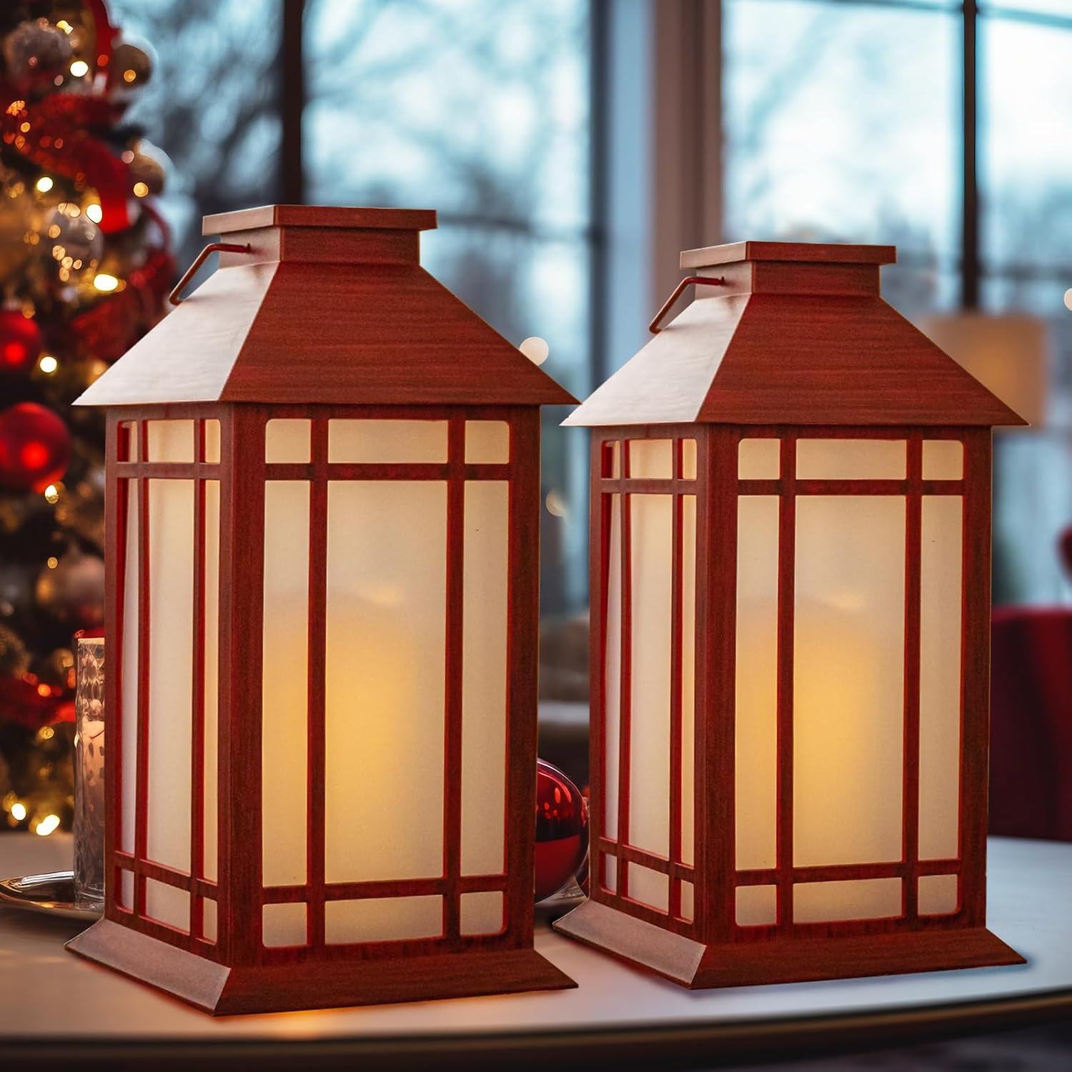 Christmas Lanterns Decorative,2pcs Red Lanterns Decorative Outdoor,Decorative Candle Lanterns Flameless Hanging Lights