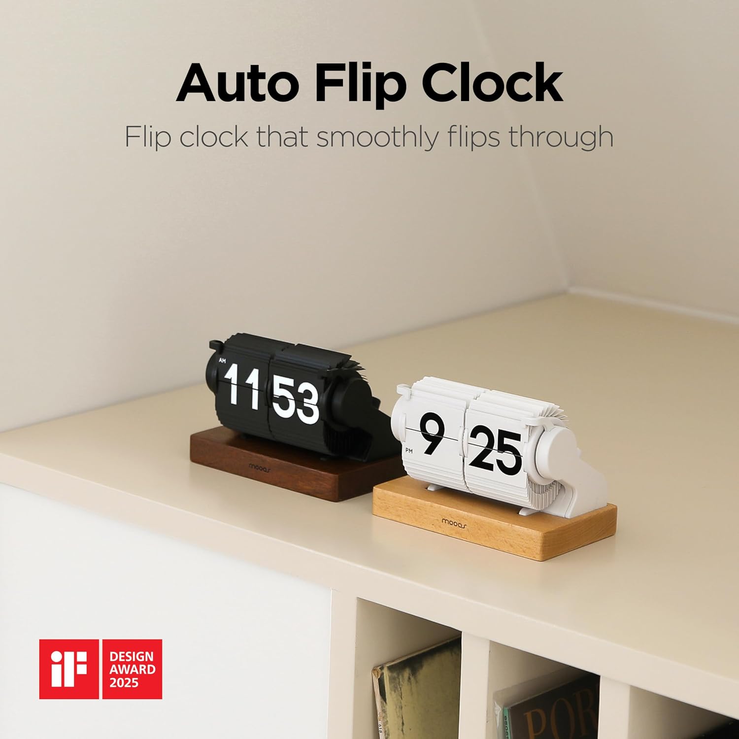 mooas Automatic Mini Flip Clock, Rechargeable, Timer/Alarm/Calendar (White) | Retro Vintage Design, Automatic Flip Desk