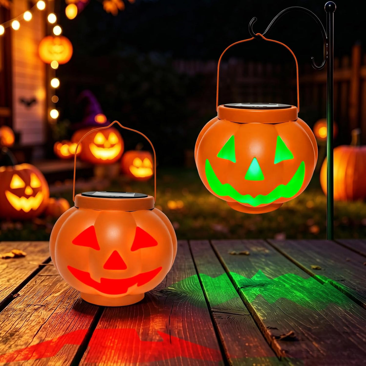 BRIGHTDECK Halloween Pumpkin Solar Lanterns 2 Pack, Jack O Lantern Pumpkin Lights for Halloween Decorations Outdoor, Weatherproof & Portable Fall Yard Decor (2Pack Red＆Green)