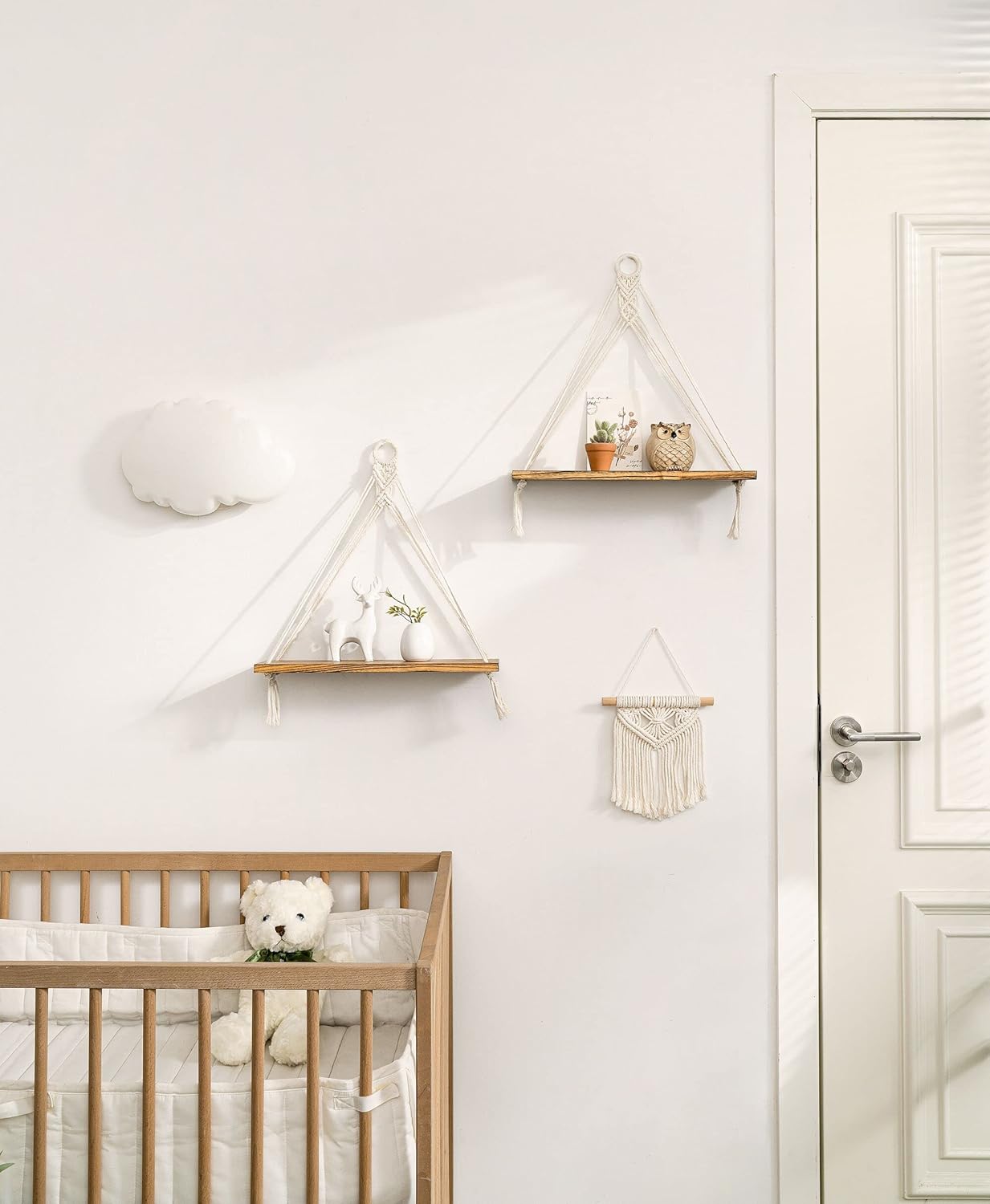 Macrame Hanging Shelves Boho Wall Decor Rustic Wood Floating Storage Shelf / White / Set of 2
