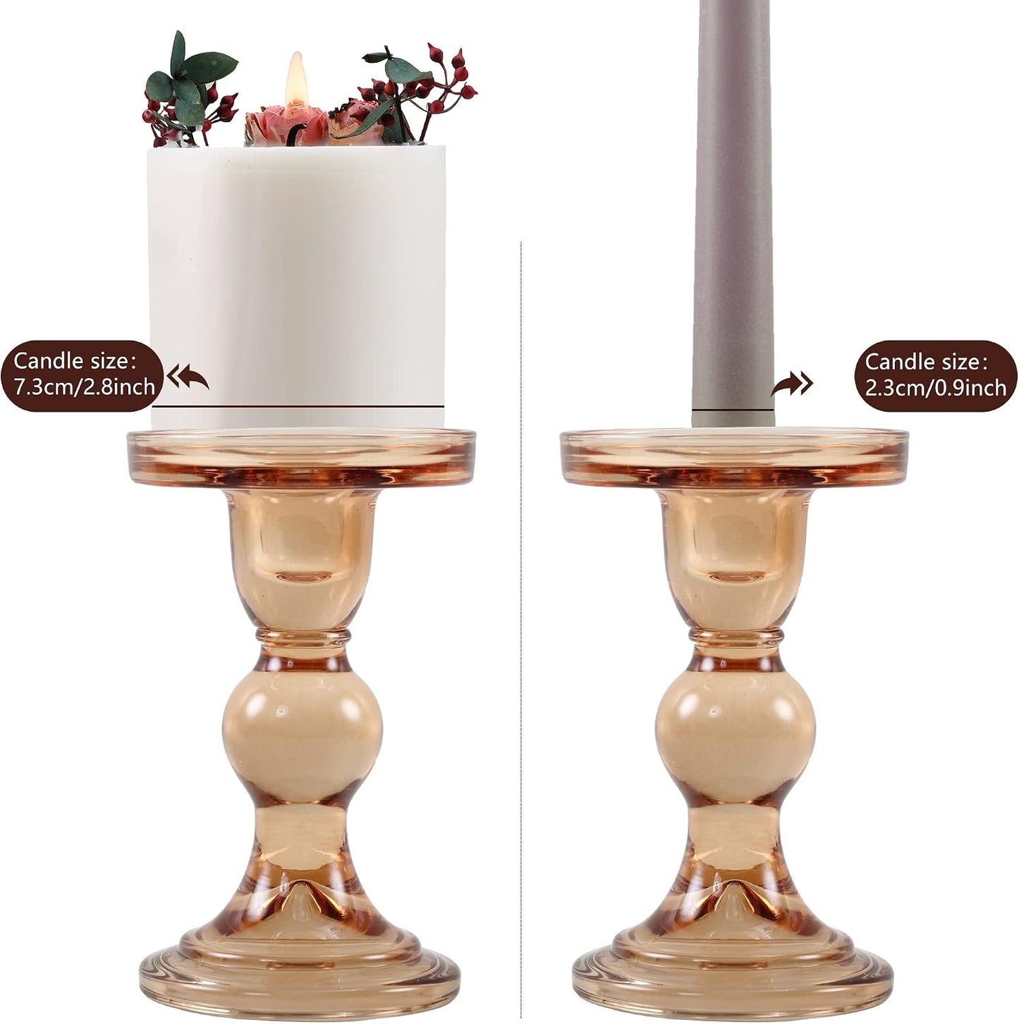 GMWD 3 Pcs Glass Candle Holder Set Clear, Amber Candlesticks Holders Pillar Taper Candles Tealight Stand for Wedding