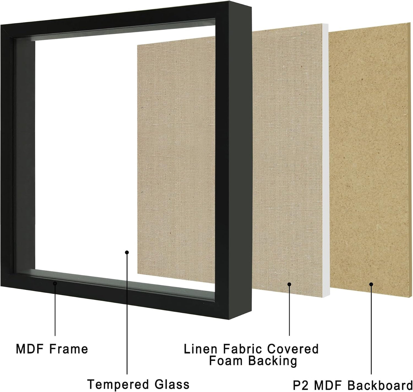 11x11 Shadow Box Display Case with Tempered Glass, Black Wooden Large Memory Shadow Box Frame with Soft Linen Back for