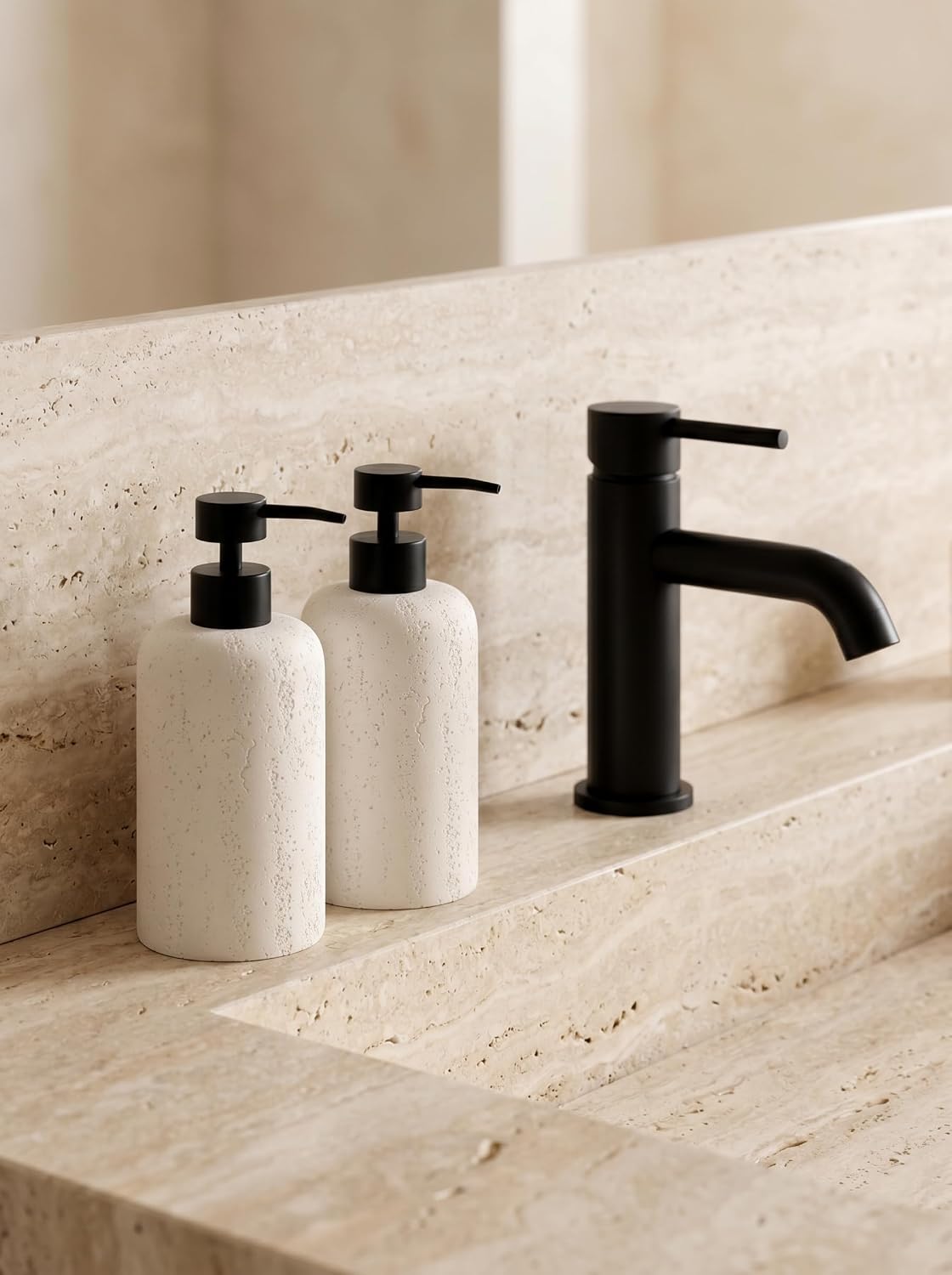 2 PCS Hand Soap Dispenser Set, 13.53 OZ, Cream, Faux Travertine | Luxurious,Dish Soap,Lotion,Shampoo and Conditioner
