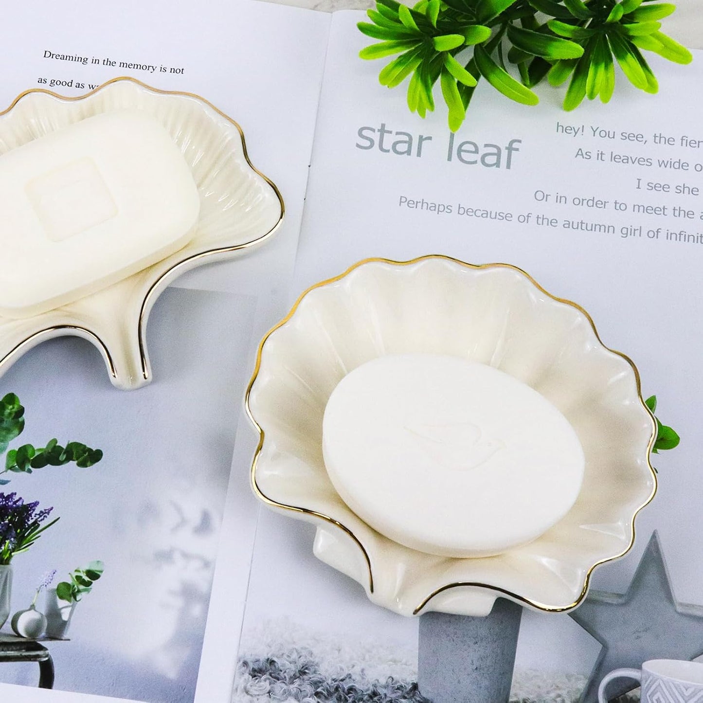 Seashell Style Ceramic Self Draining Soap Dish Waterfall Soap Dish Soap Savers