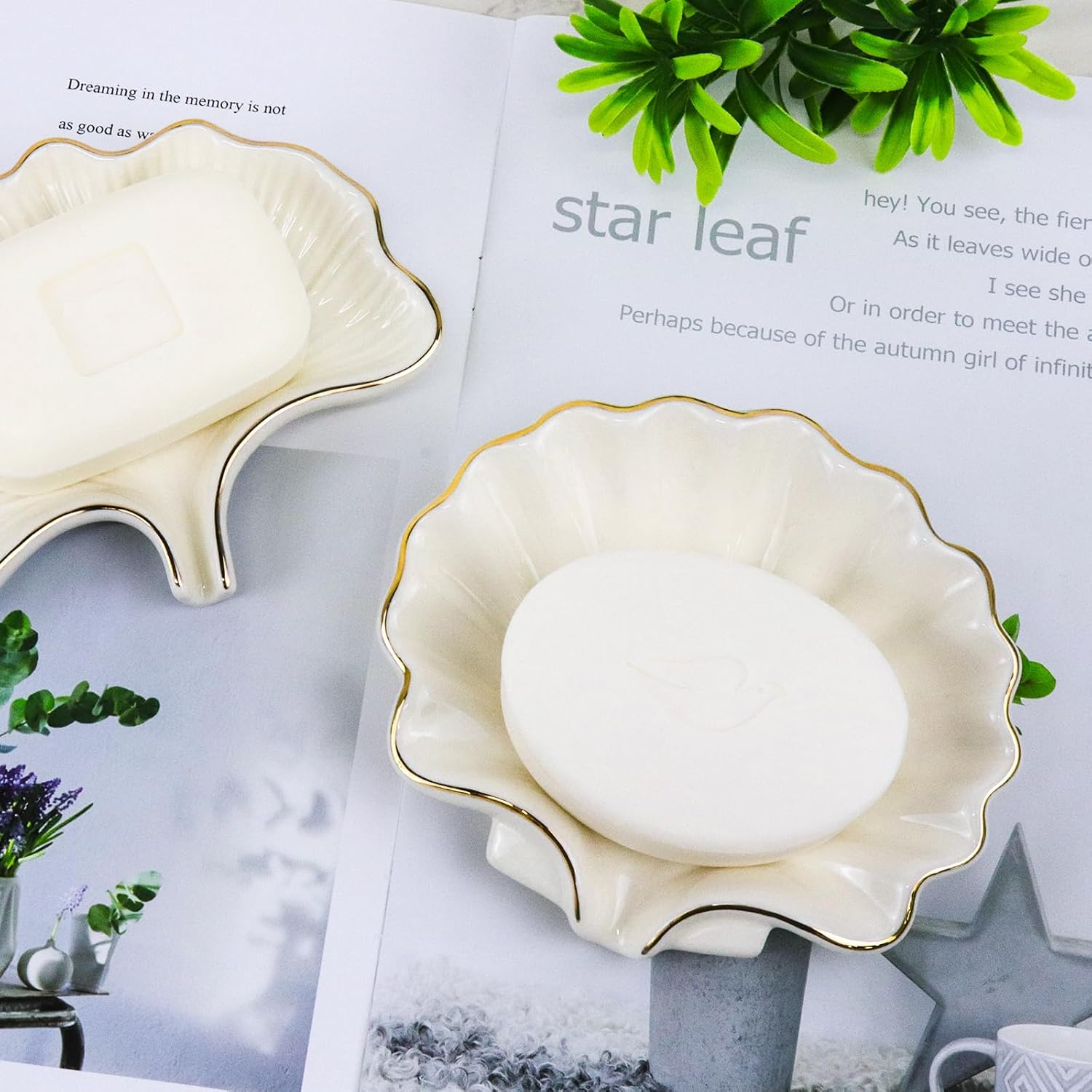 Seashell Style Ceramic Self Draining Soap Dish Waterfall Soap Dish Soap Savers