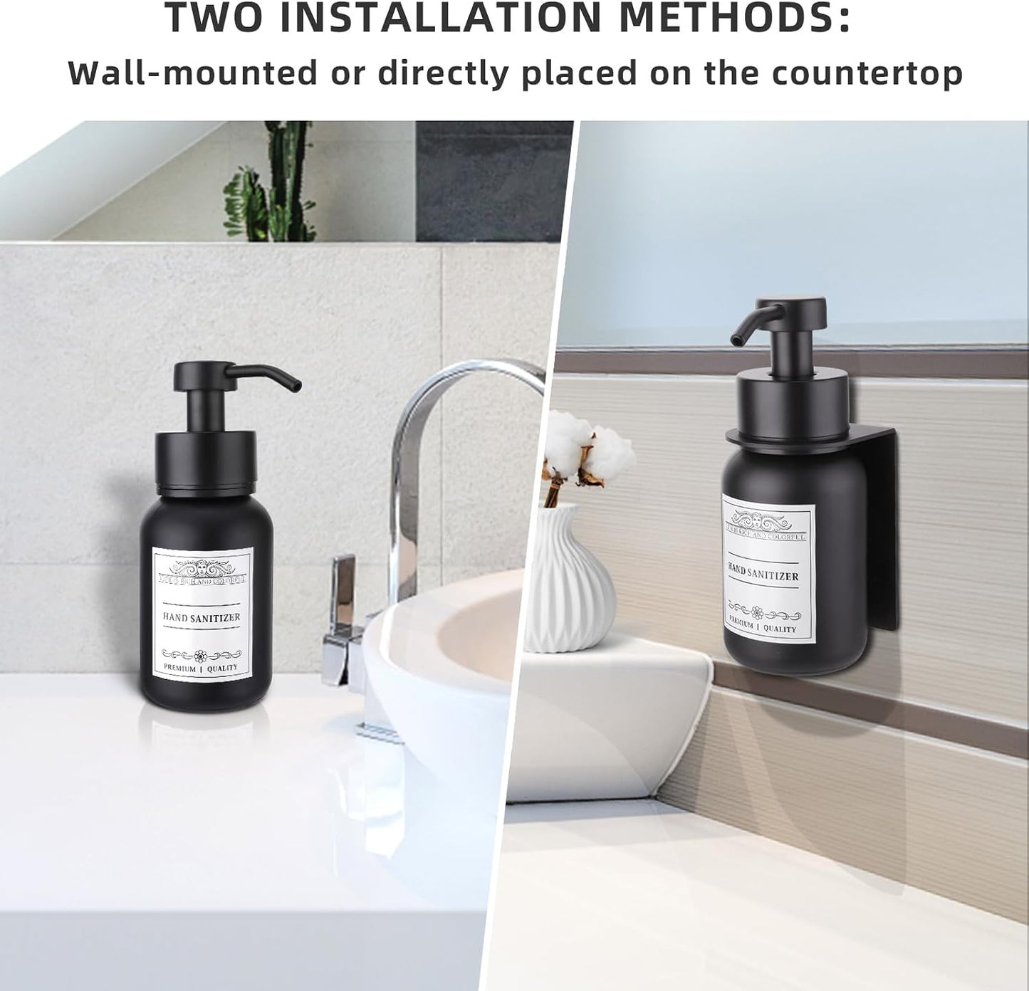 Black Glass Soap Dispenser Wall Mount for Bathroom with Pump and Drill-Free Holders - 8.5 Oz Hand Soap Dispenser