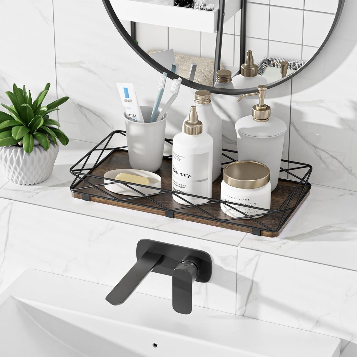 Wood and Metal Toilet Tray Vanity Organizer Bathroom Tray / Brown+black