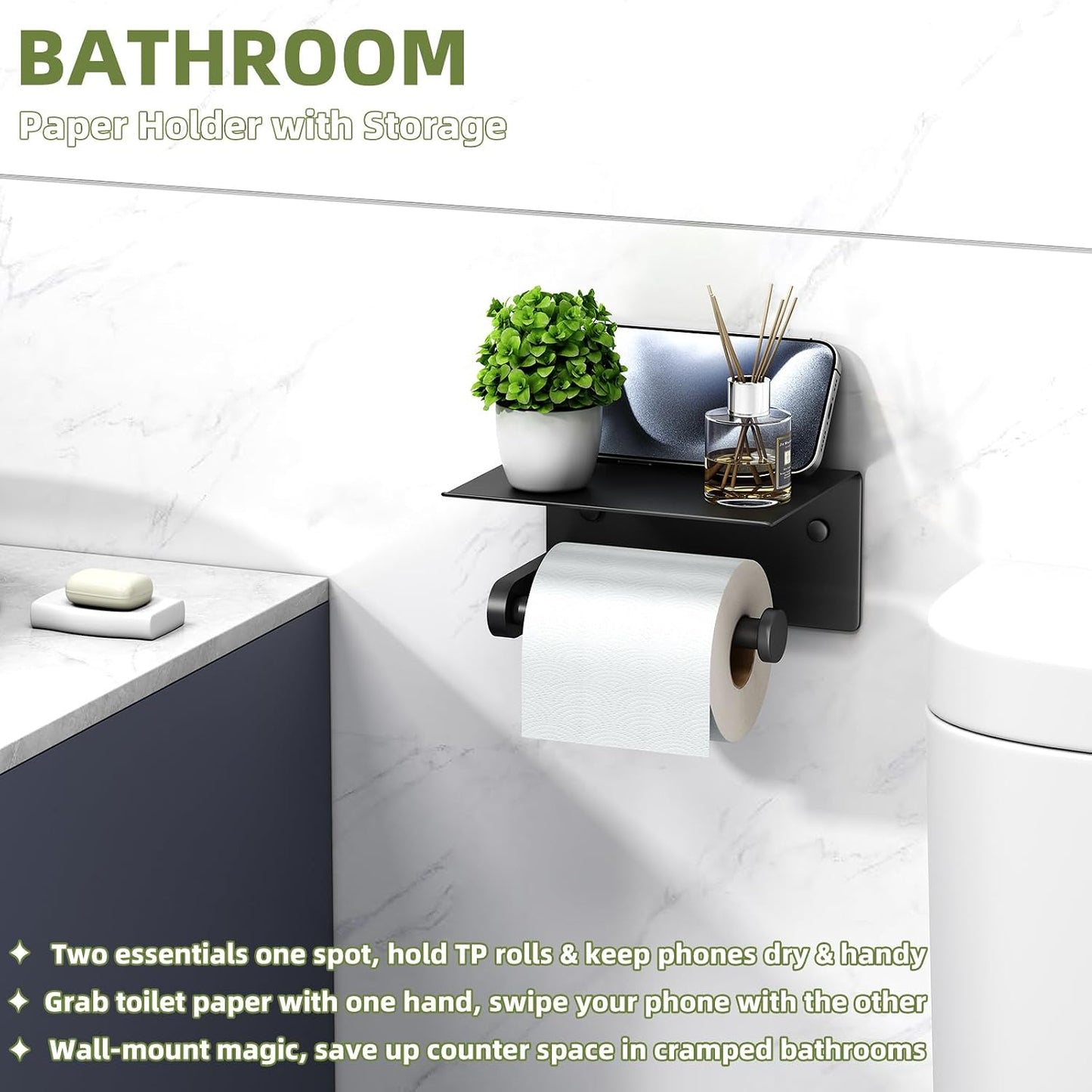 APLusee Toilet Paper Holder with Phone Shelf, Matte Black, Wall Mounted | 304 Stainless Steel, Rustproof Tissue Holder