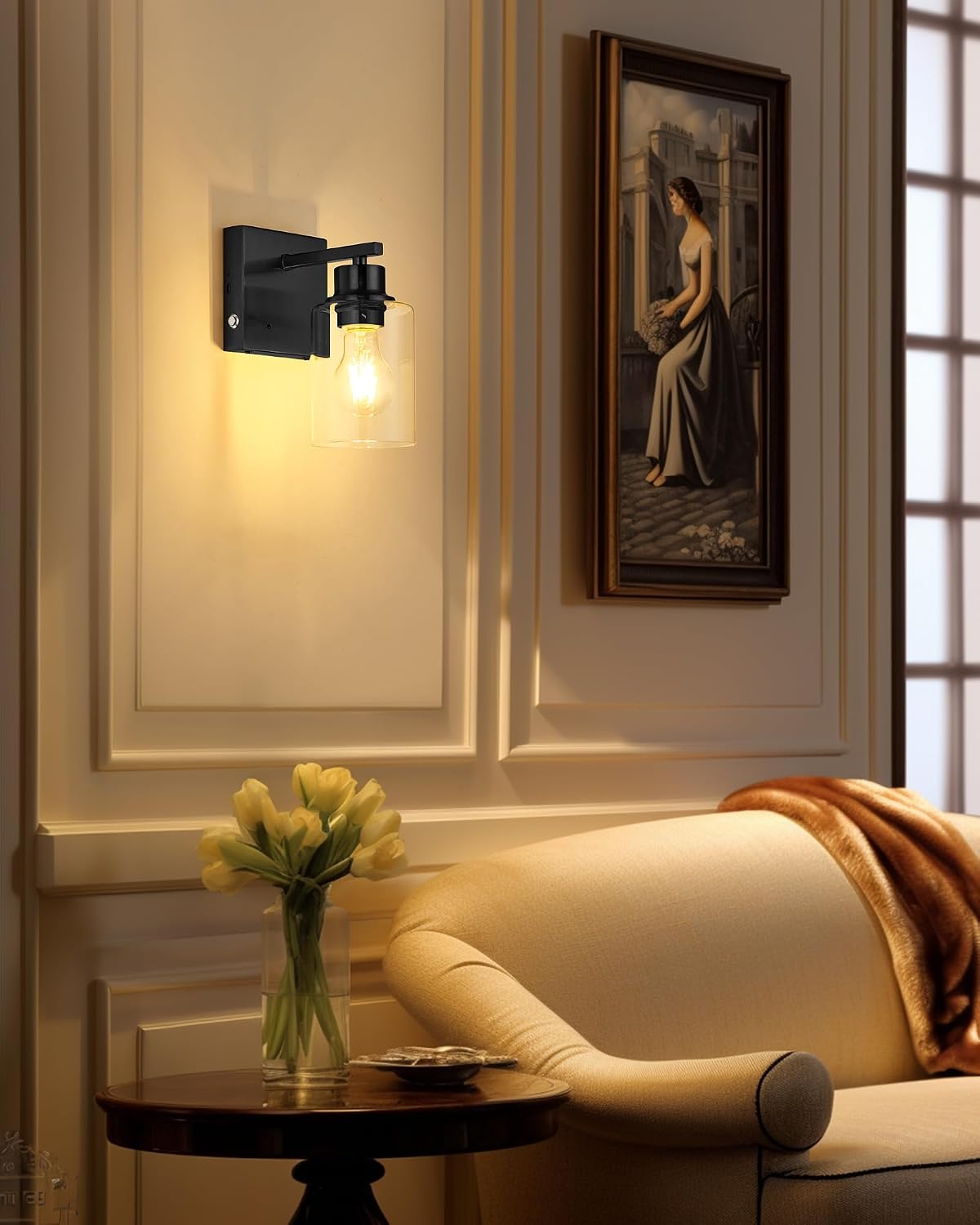 Wireless Battery Operated Wall Sconce Set of Two with Remote Control | Black Dimmable Rechargeable Wall Lights with