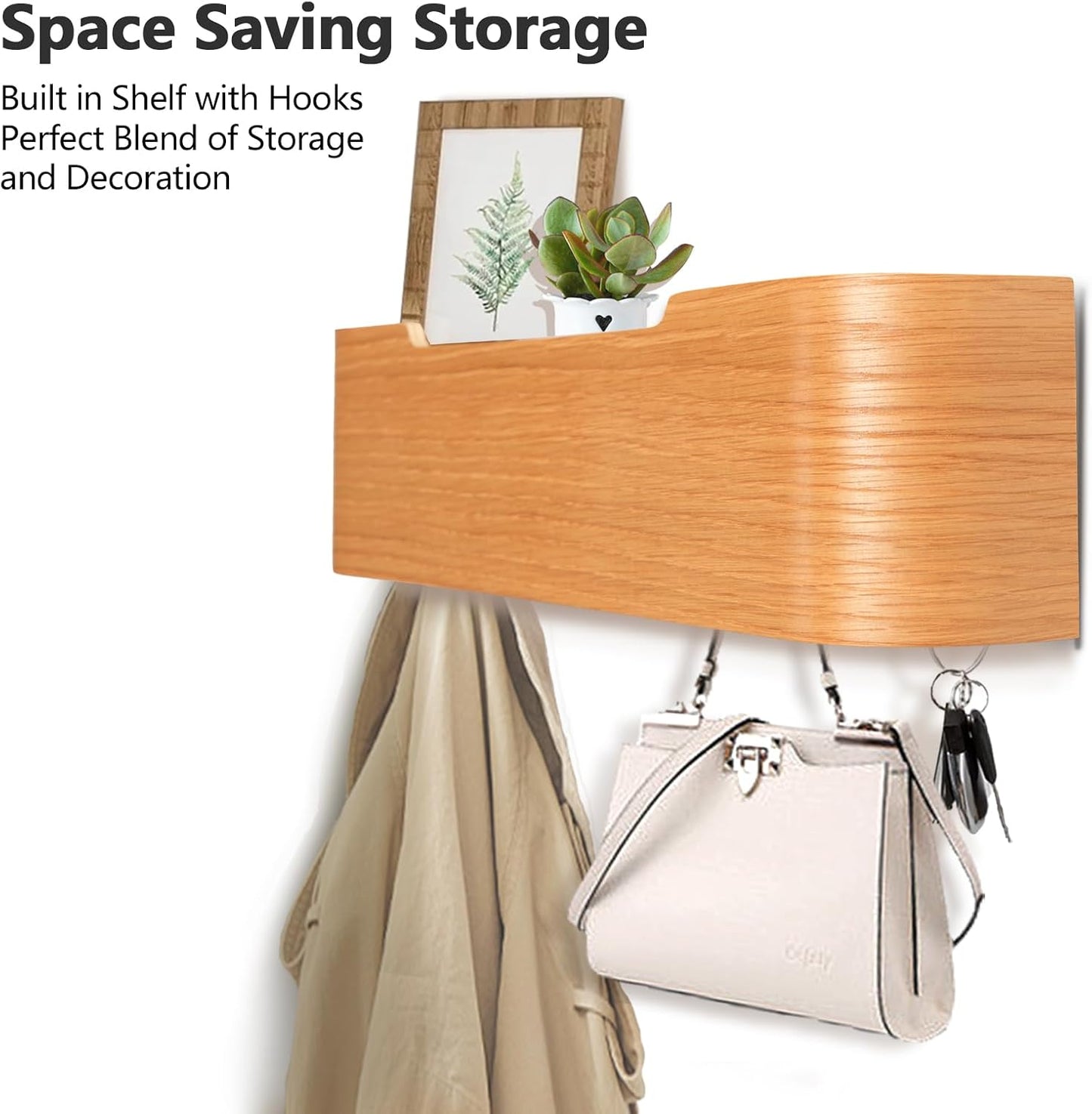 Coat Rack Wall Mount with Hidden Hooks Modern Key Holder Wood Entryway Hook with Shelf for Bedroom Kitchen Hallway