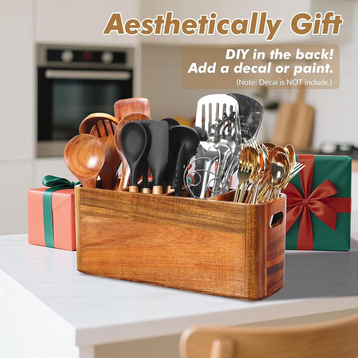 Kitchen Utensil Holder for Counter or Countertop, Extra Large Acacia Wood Organizer with 4 Compartments, Wooden Storage