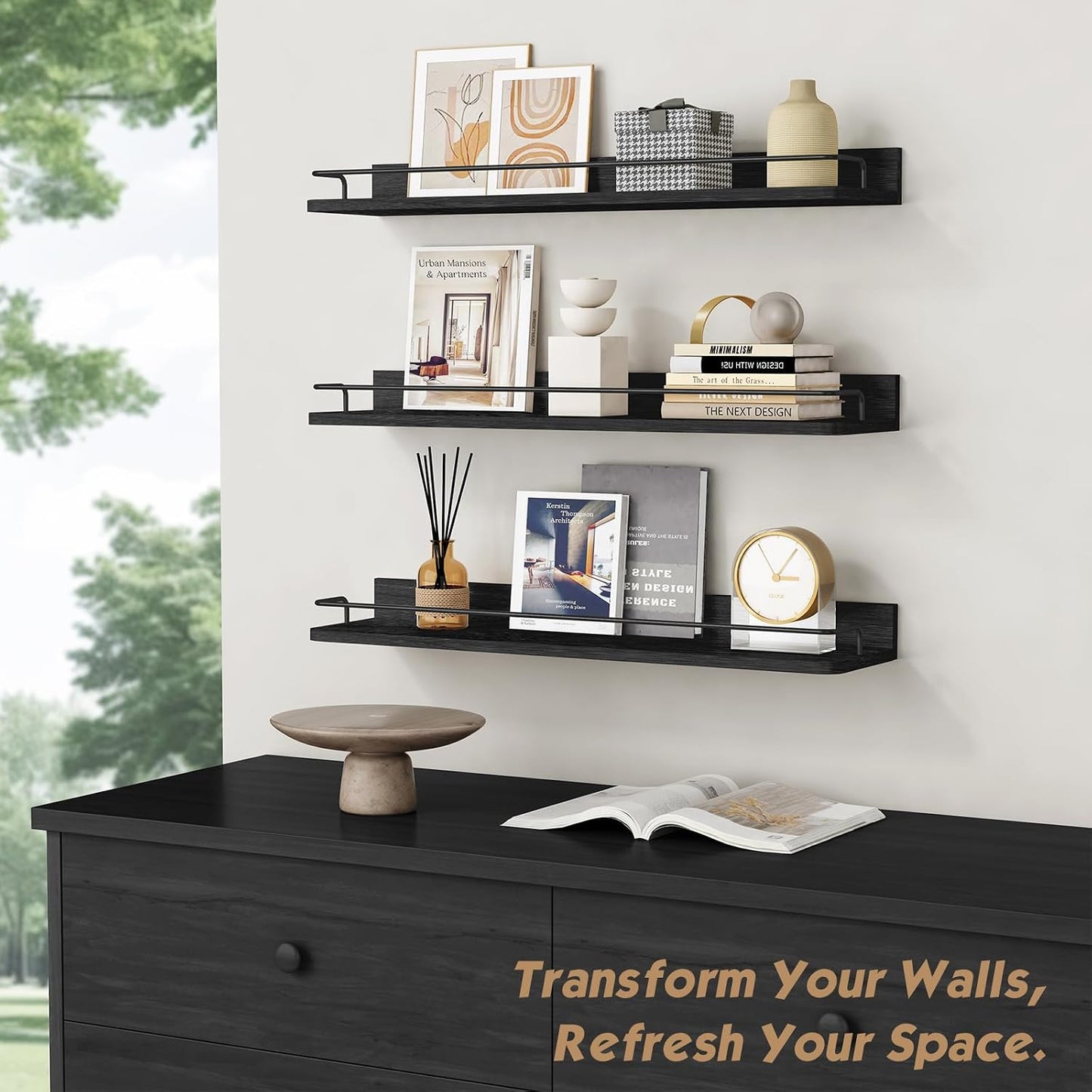 Forbena 24 Inch Wall Shelves for Bedroom 3-Pack, Black Floating Shelves with Rail, Vintage Large Floating Book Shelves