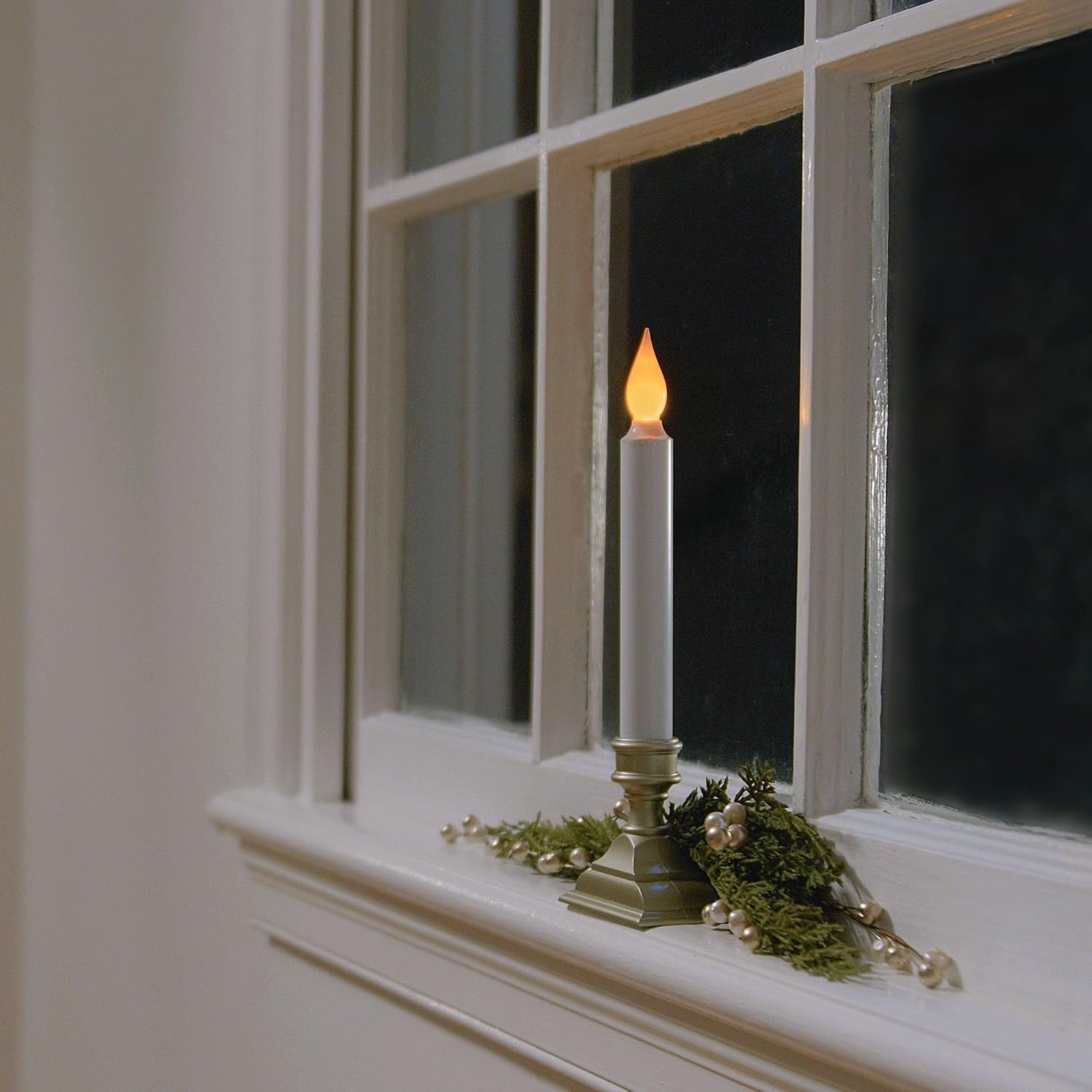 Battery Operated LED Window Candles with Timer, Pewter | Flickering Amber Flame, Flameless Christmas Window Sill