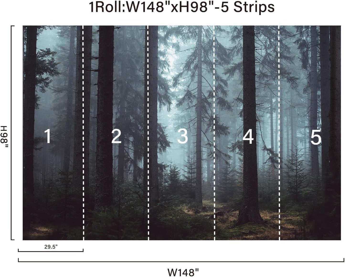 Foggy Forest Wall Murals Peel and Stick 148" Wx 98" H Misty Woodland Tree Self / Gray / 148 x 98