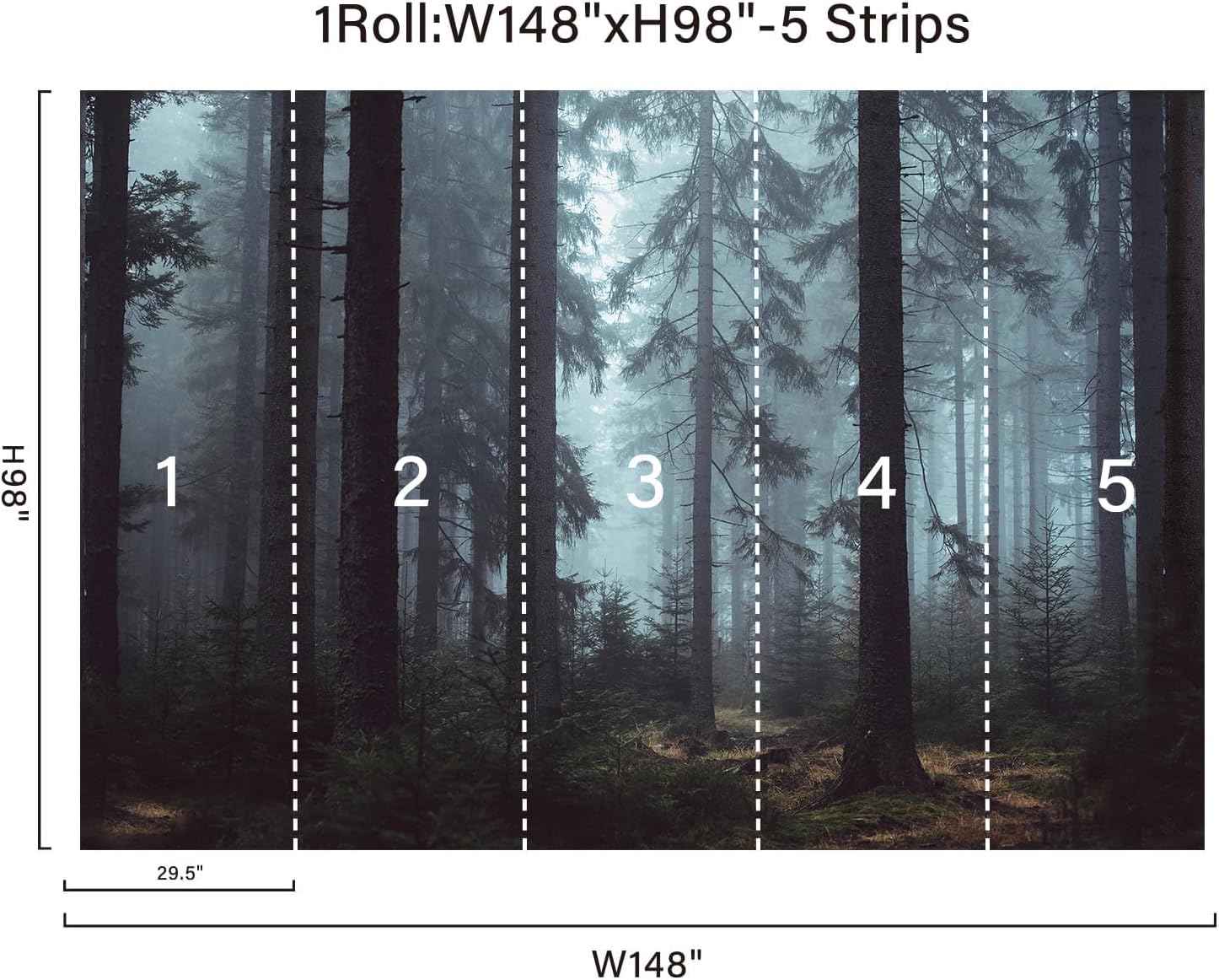 Foggy Forest Wall Murals Peel and Stick 148" Wx 98" H Misty Woodland Tree Self / Gray / 148 x 98