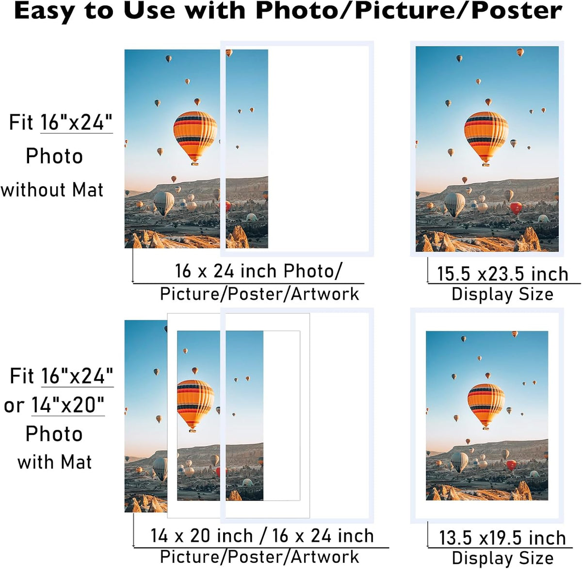 JCJMY 16x24 Picture Frame with Mat for Poster Photo and 40x60 cm Canvas, Display 14x20 with Mat or 16 x 24 without