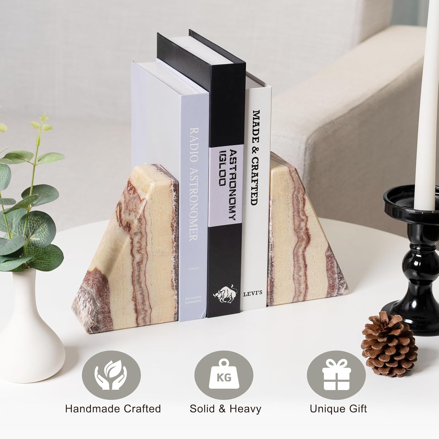 Bookends / Non-Slip Heavy Duty Book Stopper / Onyx / Natural