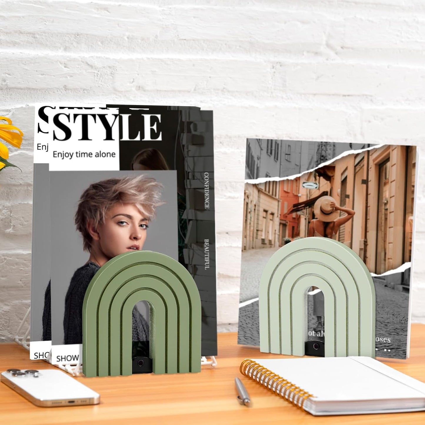 Boho Arch Wood Bookends Non Skid Book Stoppers Rainbow Shape Wooden Book / Sage Green / Set of 4