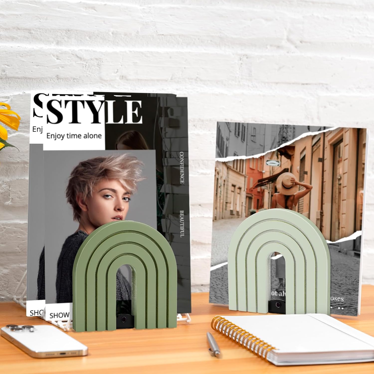 Boho Arch Wood Bookends Non Skid Book Stoppers Rainbow Shape Wooden Book / Sage Green / Set of 4