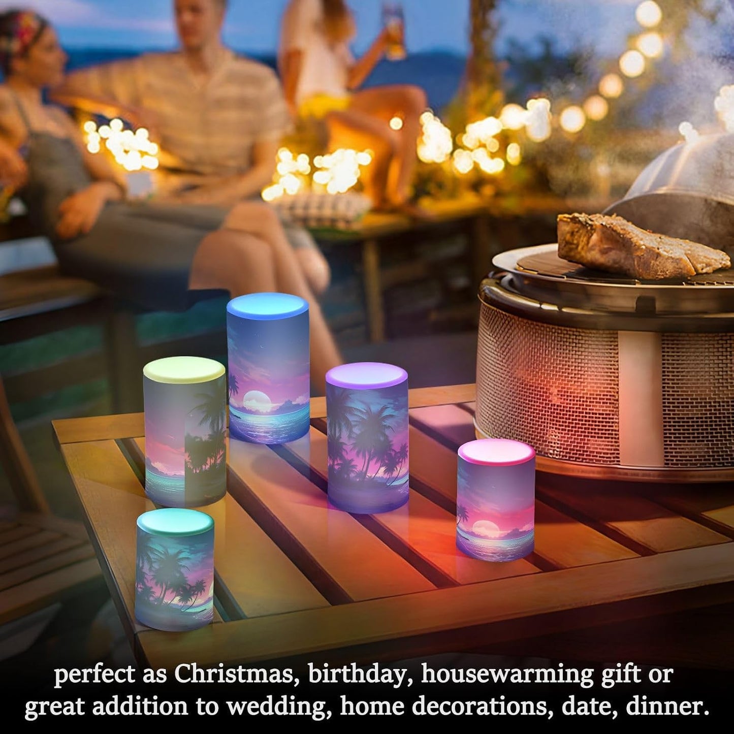 Flickering Flameless Candles, Palm Tree Beach Tropical LED Candles with Remote Timer, Set of 2 Battery Operated Candle