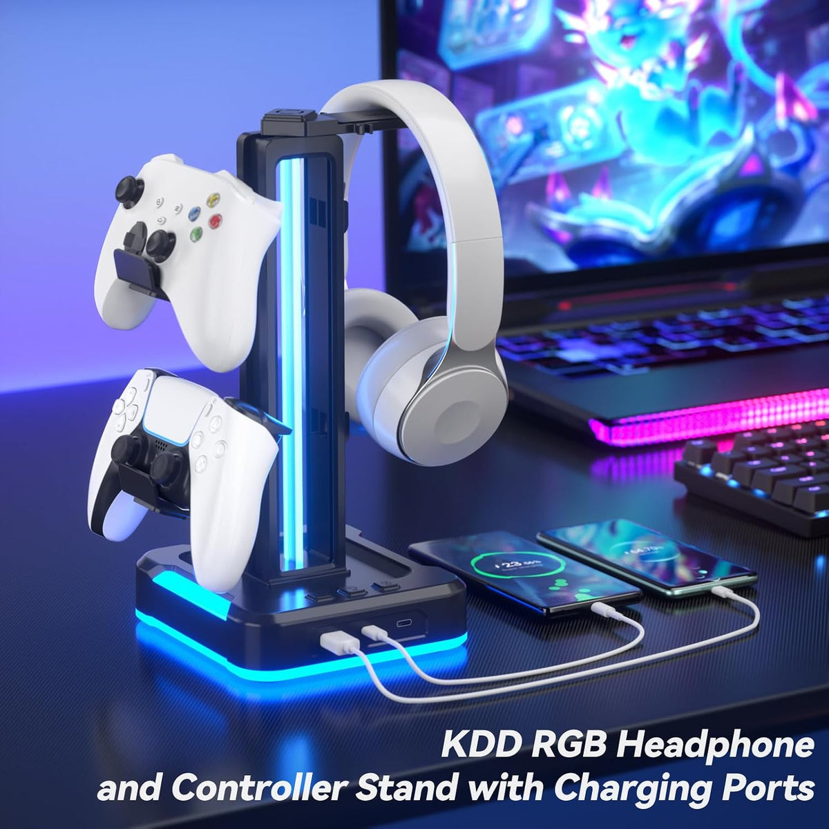 KDD RGB Gaming Headphone and Controller Stand with 2 Type-C and 1 USB Ports | Headset Stand with 9 Light Modes, Headset