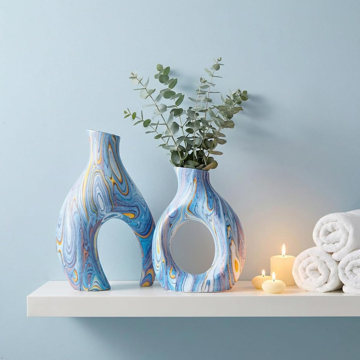 Ceramic Vases / Handcrafted Water-Transfer Flower Vase Set / Ocean Donut / Blue / Set of 2
