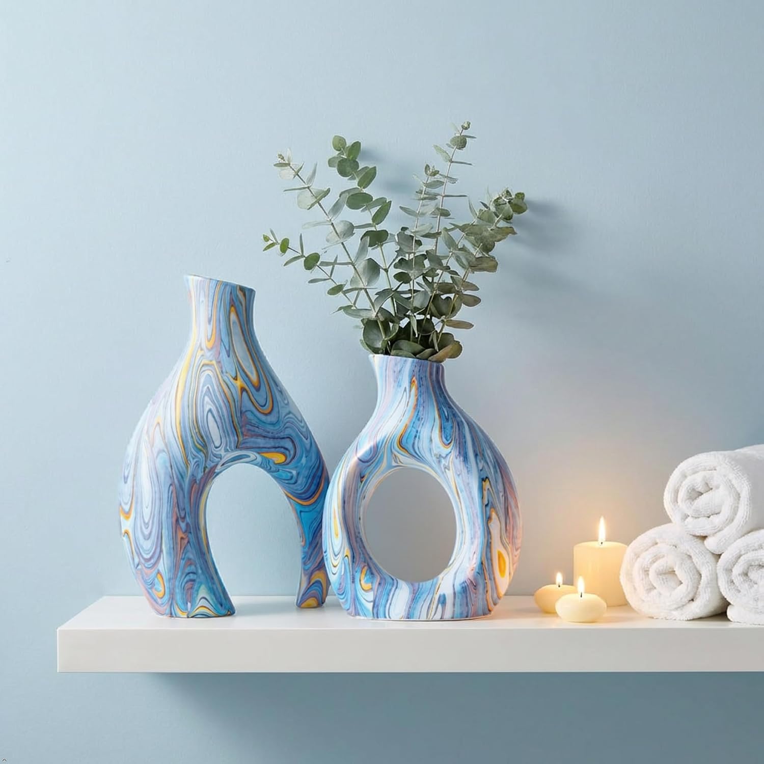 Ceramic Vases / Handcrafted Water-Transfer Flower Vase Set / Ocean Donut / Blue / Set of 2