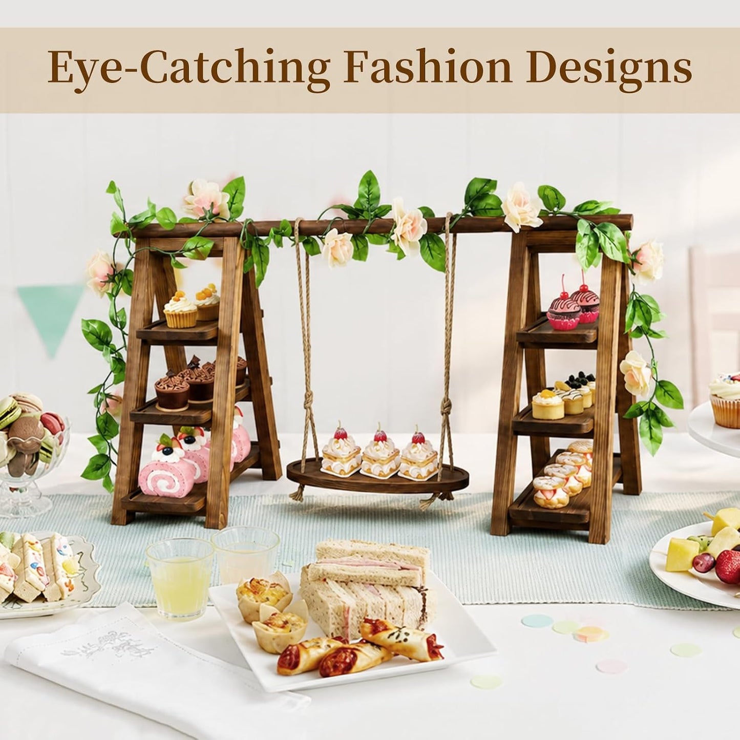 Large Wooden 3 Tier Swing Cupcake Stand / Brown