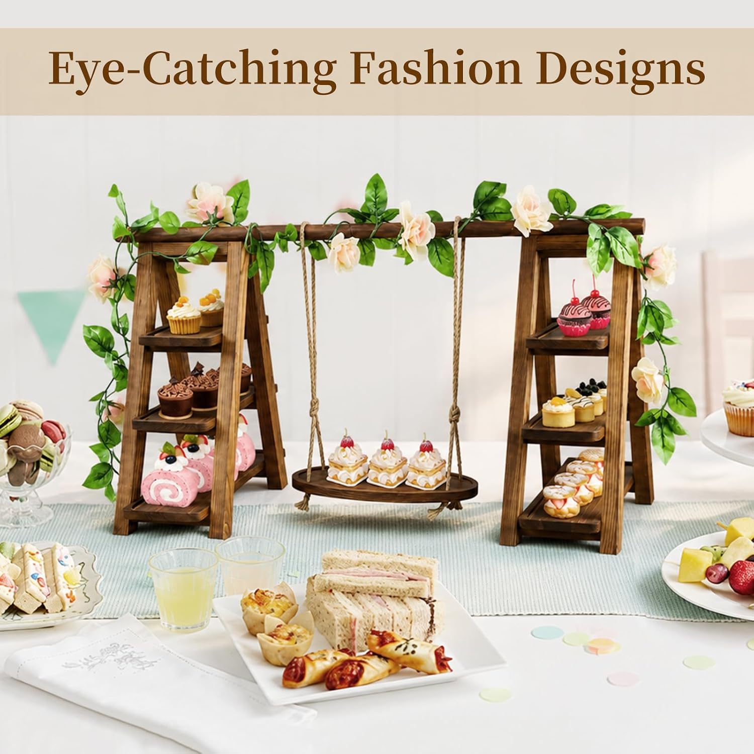 Large Wooden 3 Tier Swing Cupcake Stand / Brown