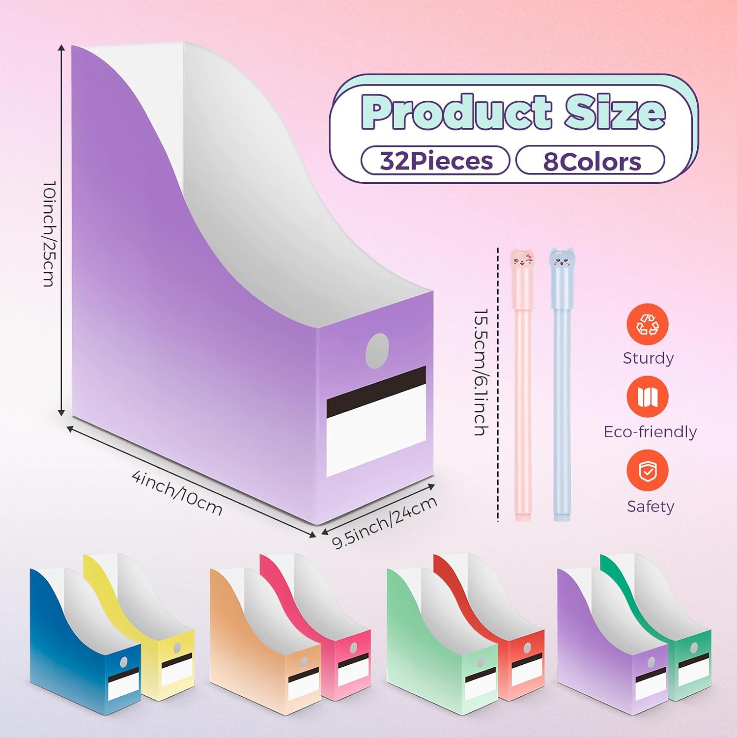 32 Pcs Magazine File Holder Set Including Colored Foldable Desk File Holder Organizer White Label Stickers Cat Pen
