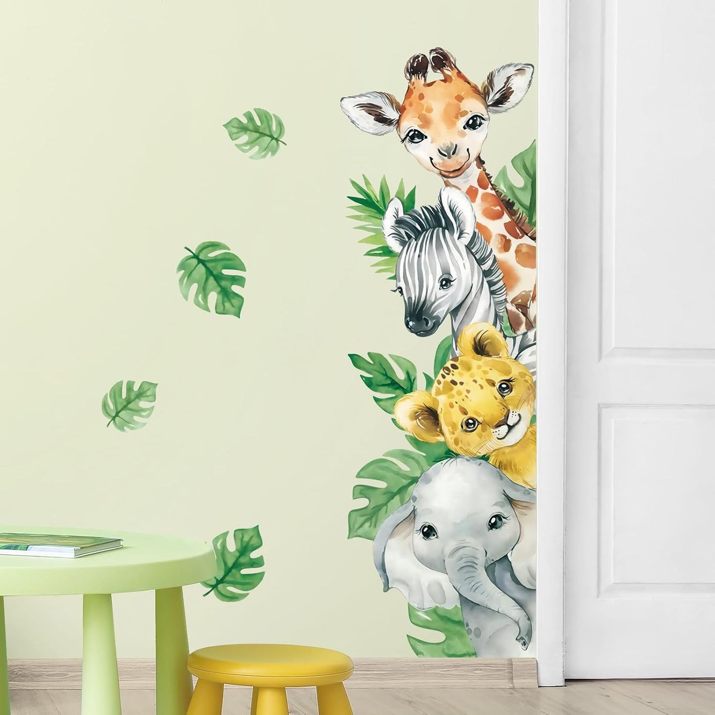 in Watercolor Jungle Animal Wall Decals Cartoon Animal / Vertical4 Animals Right / Green / 45 x 23