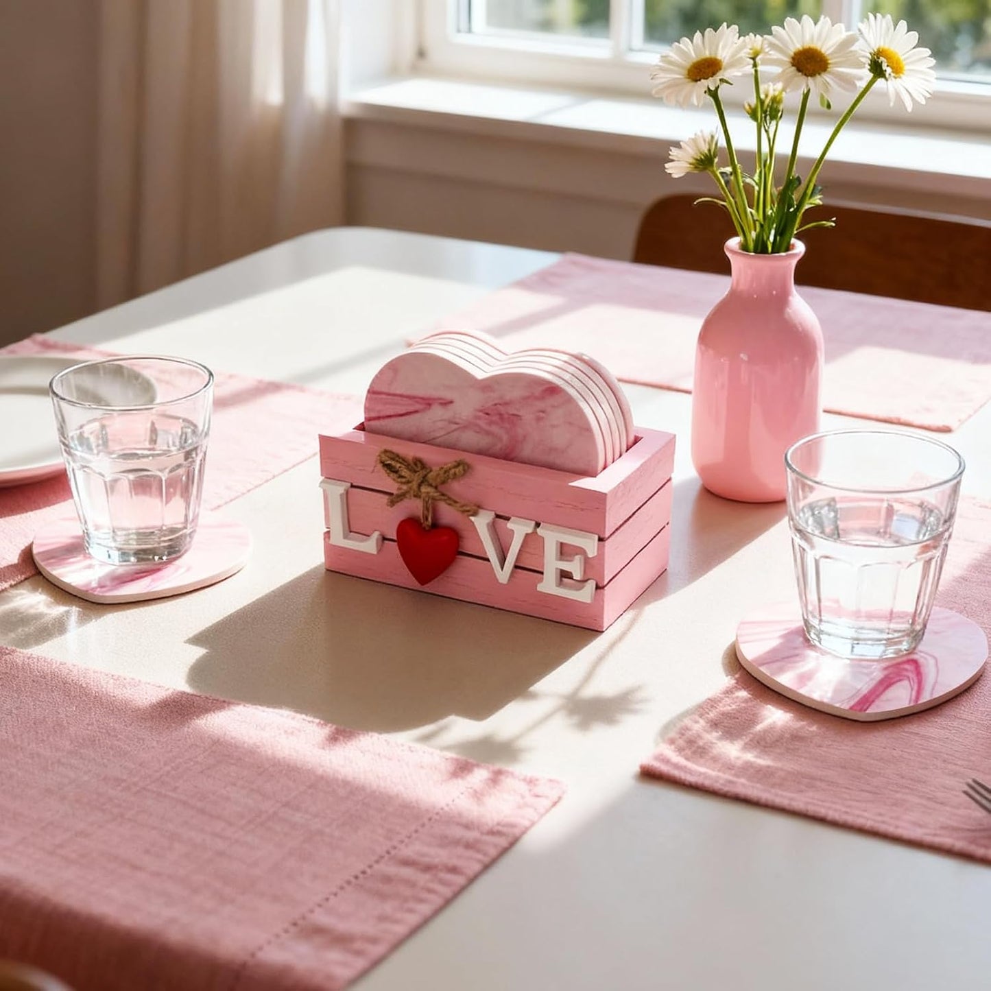 Holder / Heart Wooden Cup Coasters / Pink Heart Wooden Coasters / Set of 6