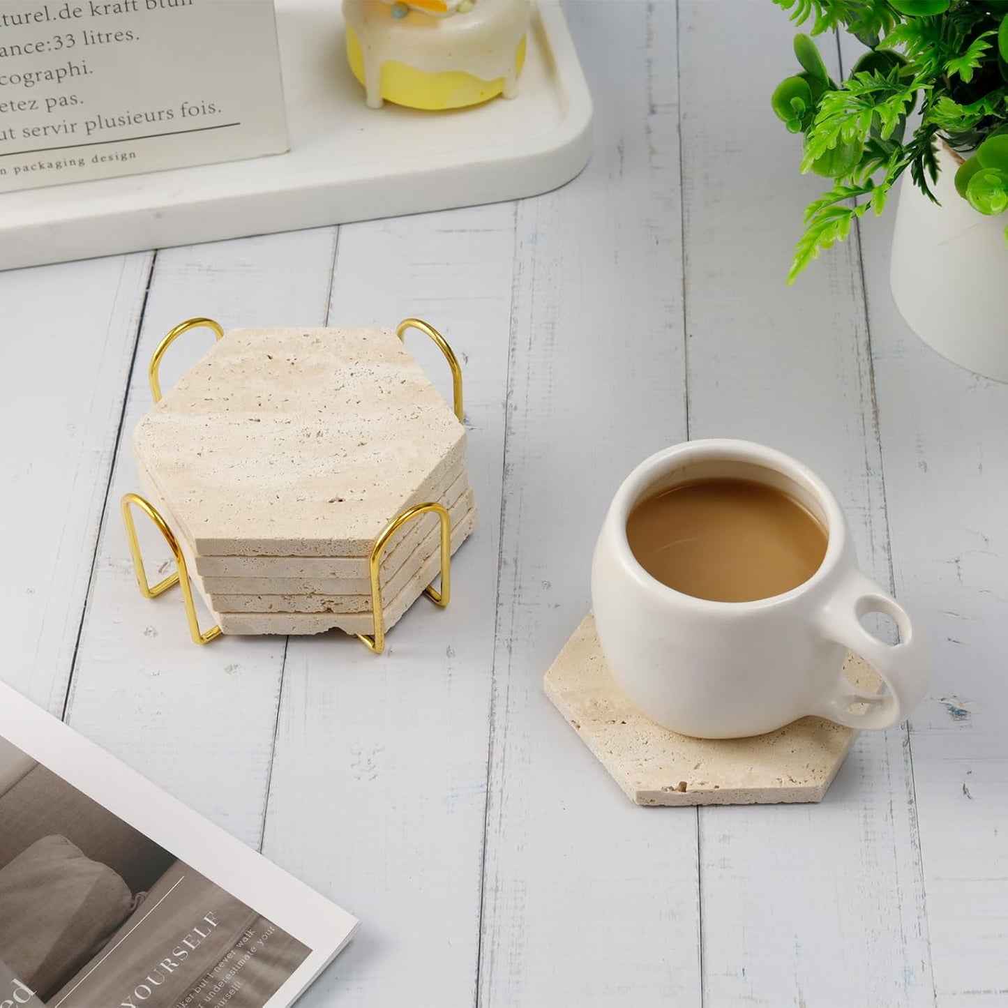 Holder / Hexagonal Rustic Farmhouse Marble Drink Coasters / 02 - Hexagon / Beige / Set of 6
