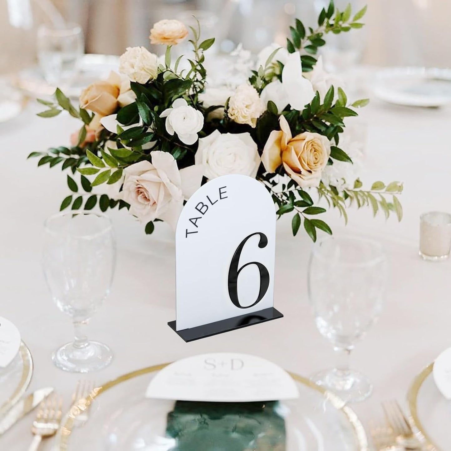 White Arch Wedding Table Numbers 1-20 with Stands | 20 Pack 5x7 Inch White Acrylic Arch Signs with Raised Black
