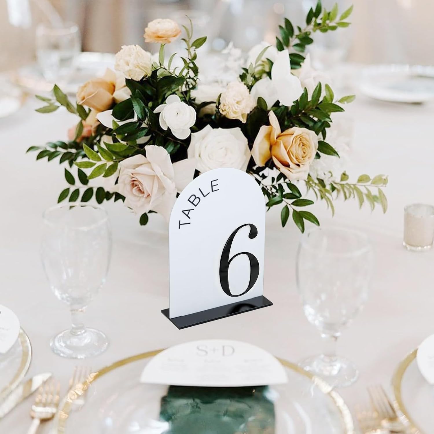 White Arch Wedding Table Numbers 1-20 with Stands | 20 Pack 5x7 Inch White Acrylic Arch Signs with Raised Black