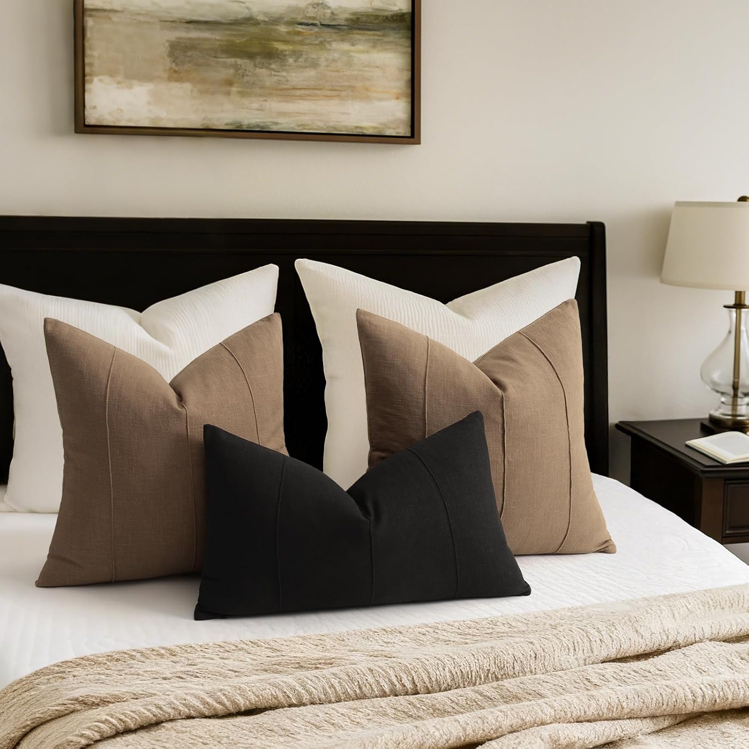 Decorative Linen Throw Pillow Covers Solid Handcrafted Striped / Coco Brown / 18 x 18 / Set of 2