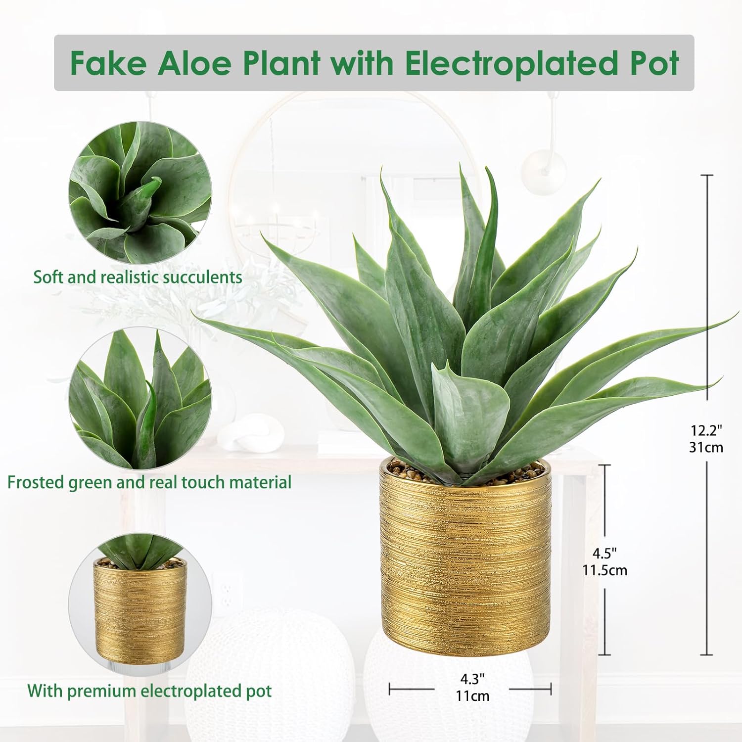 Large Faux Agave Plants Artificial Aloe Plant Fake Succulent Plants in Pot / Agave -brushed Gold