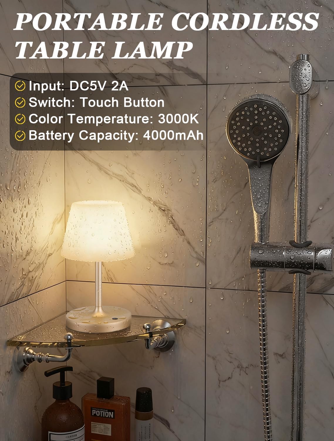 Kakanuo Champagne Gold Shower Lamp Waterproof, Rechargeable Cordless Lamp with 4000mAh Battery, Touch Dimmable Table