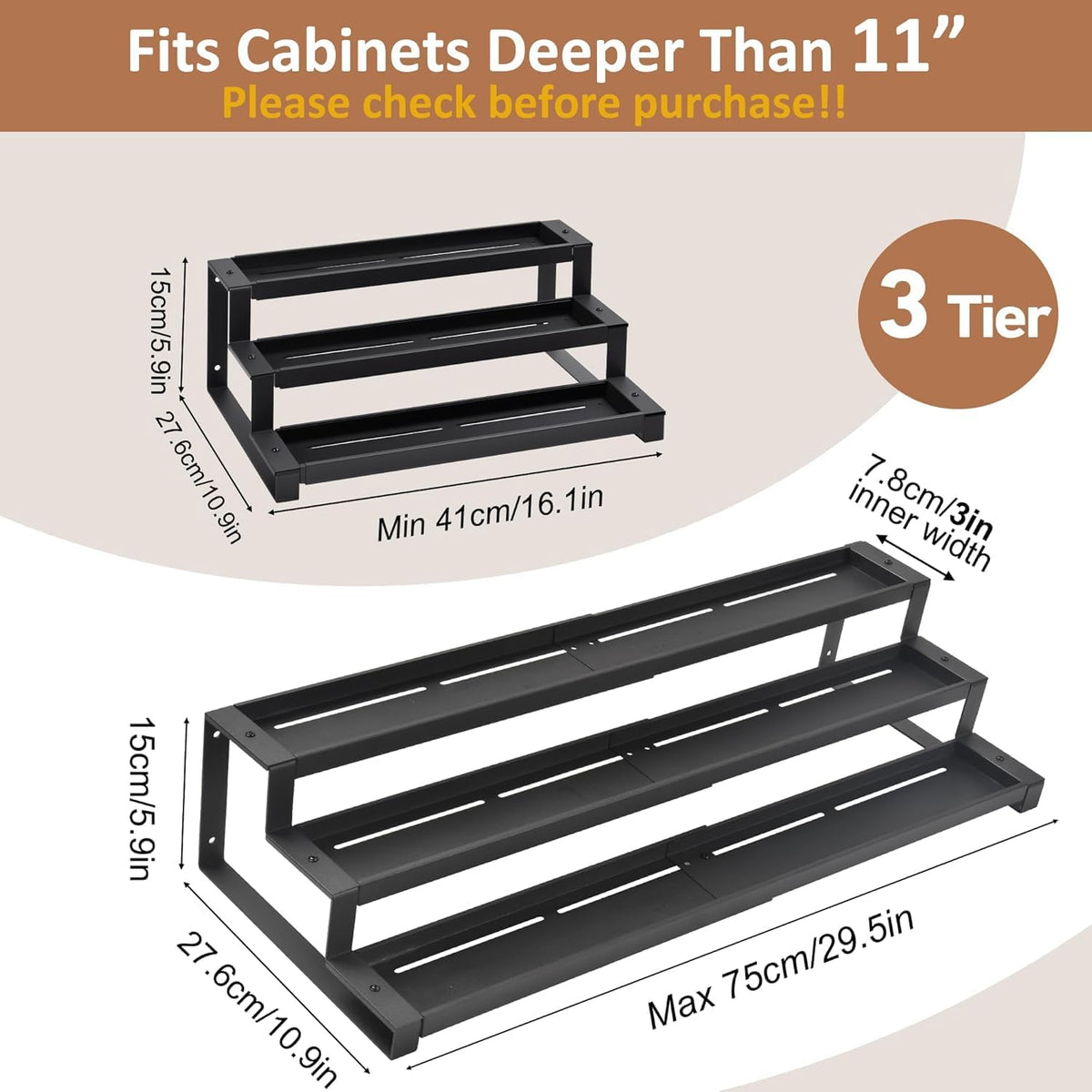 GOENDR Expandable Spice Rack Organizer for Cabinet, 3 Tier Metal Spice Organization,16"-29.5" Wide Adjustable Seasoning