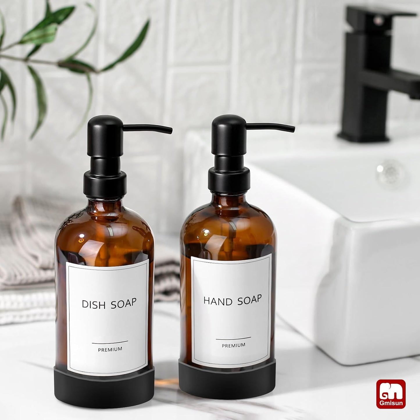 GMISUN Amber Glass Soap Dispenser with Silicone Sleeve Boot, 2 Pack Bathroom Hand Soap Dispensers with Pump, 17 Fl Oz