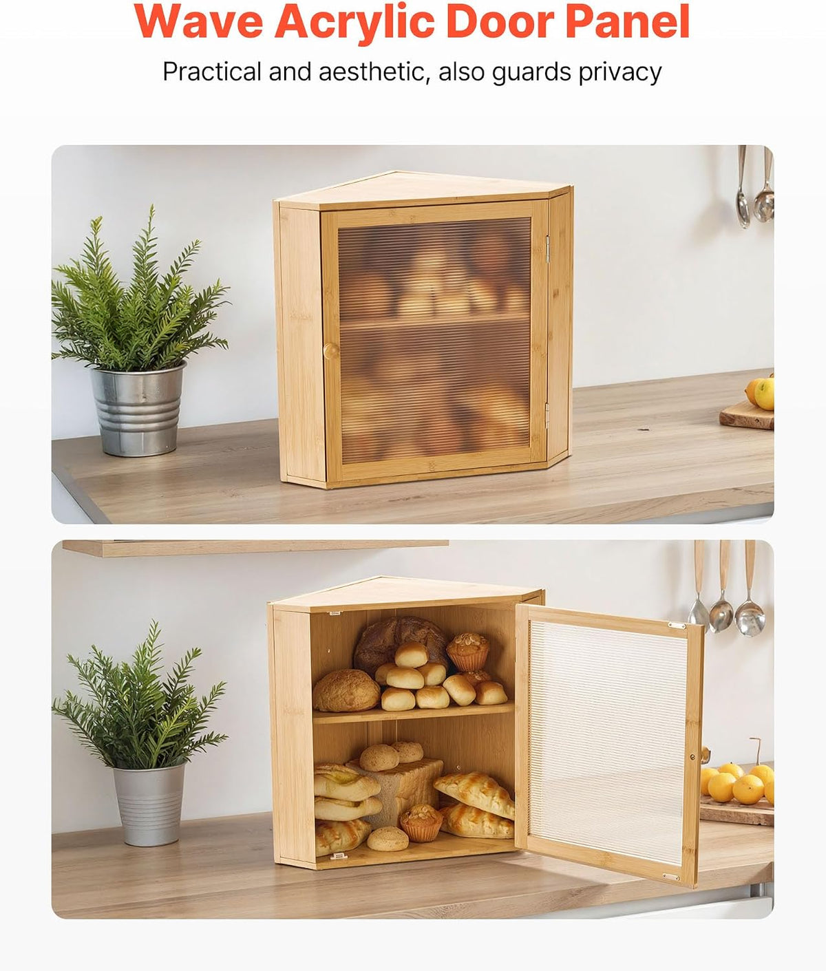 VEVOR Corner Bread Box for Kitchen Counter, Double Layer Large Capacity Bamboo Bread Storage Container, Farmhouse