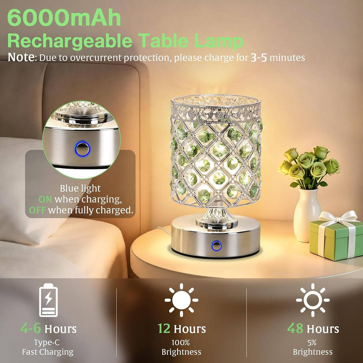 Green Small Crystal Rechargeable Cordless Table Lamps Set of 2 | 6000mAh Battery, 3 Color Temps, Stepless Dimming