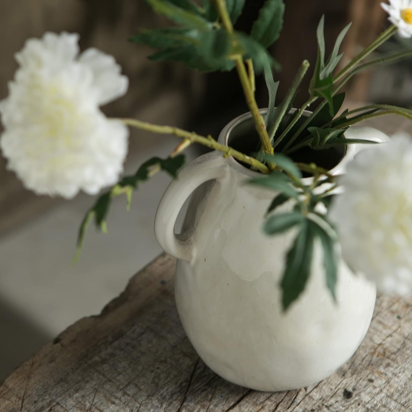 White Ceramic Vase / Double Handle - White