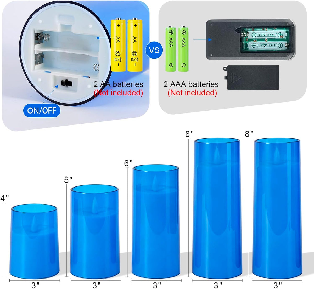 Homemory Realistic Flickering Flameless Blue Candles with Remote & Timer | LED Fake Electric Pillar Candles Battery