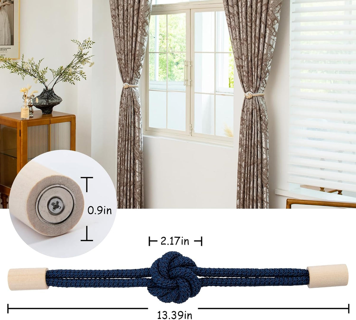 Magnetic Curtain Tiebacks Holdbacks Rope Curtain Tie Backs Outdoor Contoeey | 6 Pack Navy Wood Magnetic Curtain Holders