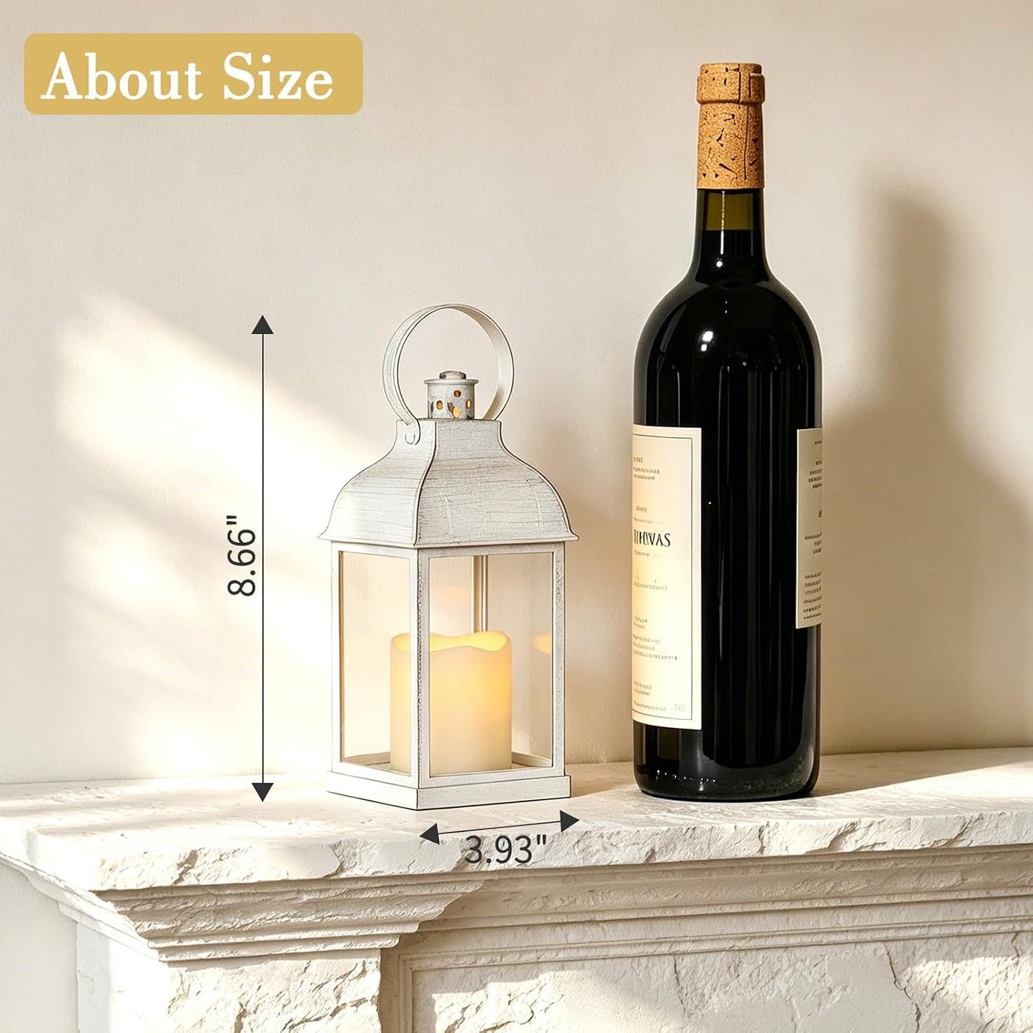 White Small Lanterns with LED Candles, Set of 6 Wedding Decor | Distressed Farmhouse Lanterns with Glass Panels