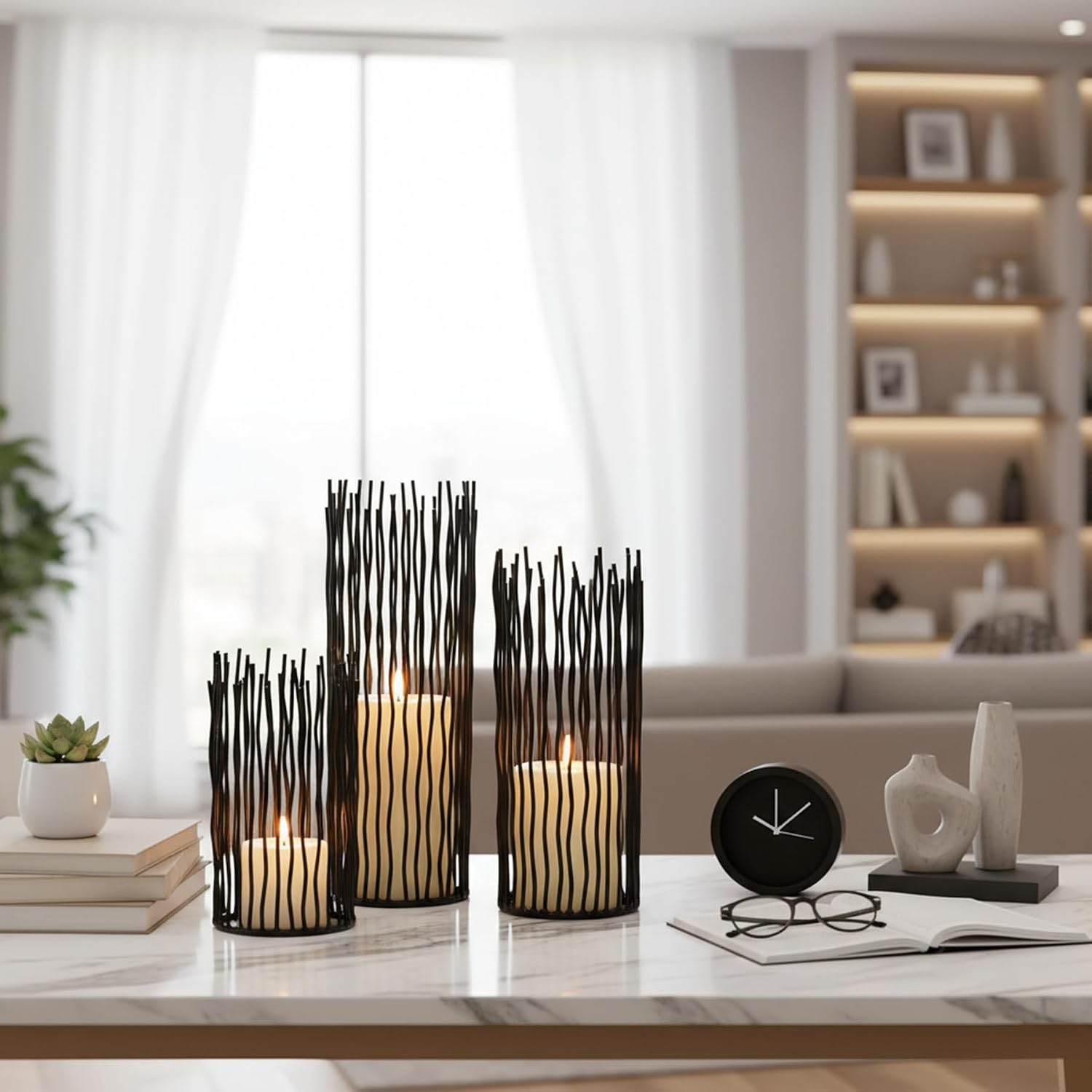 Metal Candle Holders for Pillar Candles - Black Wire Candle Holder Set of 3 | Creative Candlestick Holders for Table