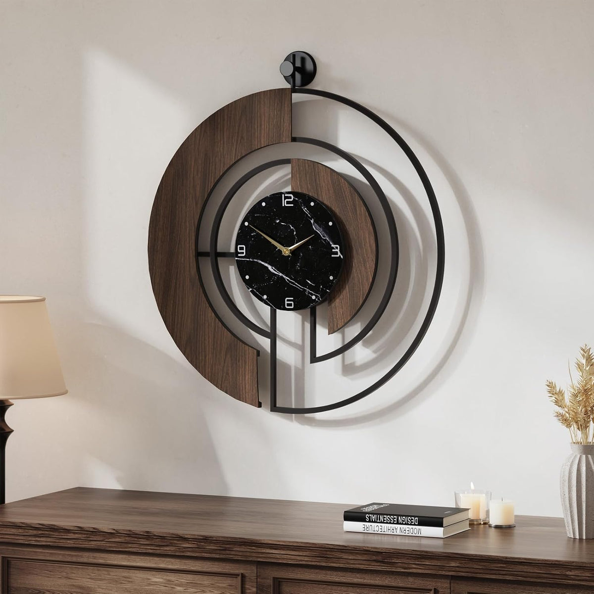 Cuspin 24 Inch Large Wall Clock Modern Walnut Marble Dial Decorative Clock | Silent non ticking, battery operated, easy