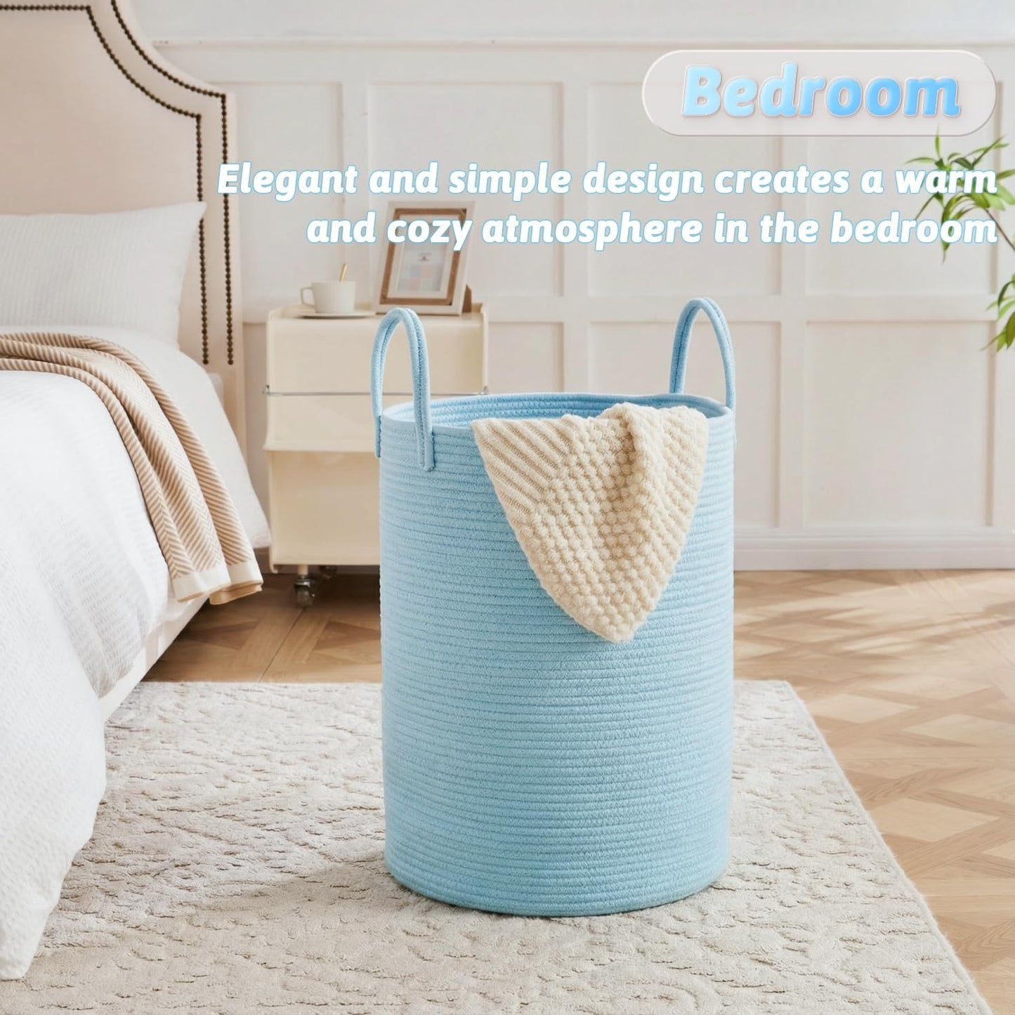 Laundry Basket / Woven Cotton Rope Laundry Hamper / Blue / 60L