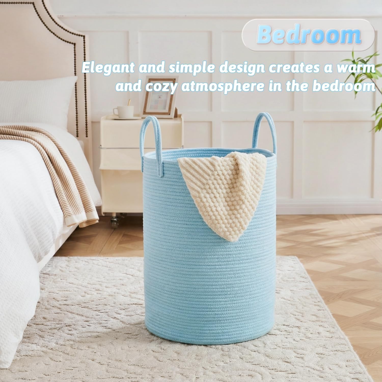 Laundry Basket / Woven Cotton Rope Laundry Hamper / Blue / 60L